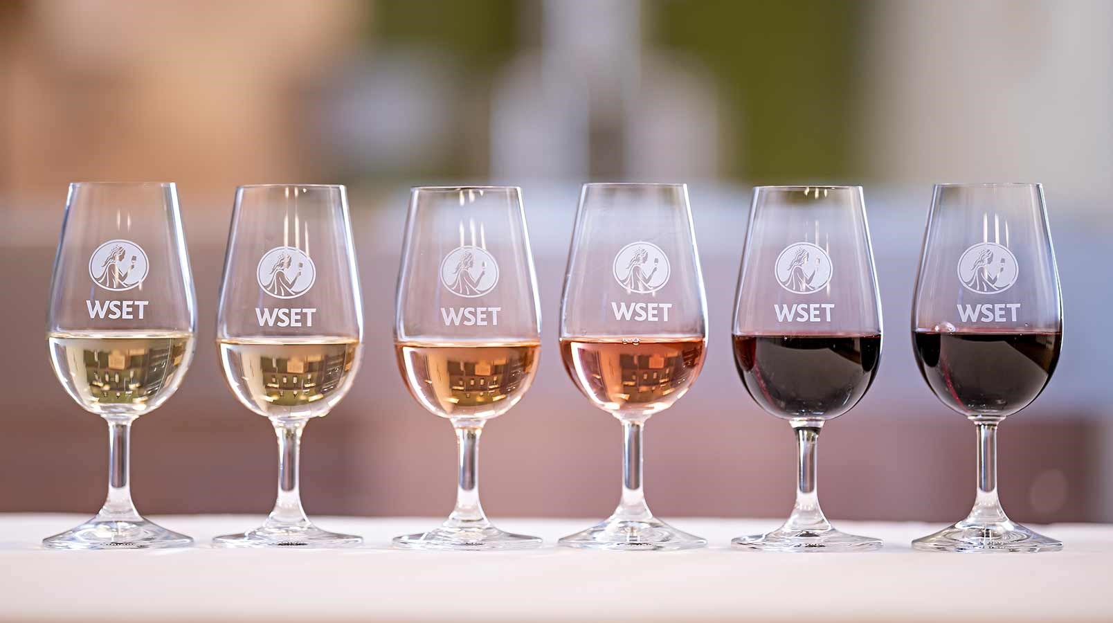 Line of wine glasses  with WSET logo containing white, rose and red wine