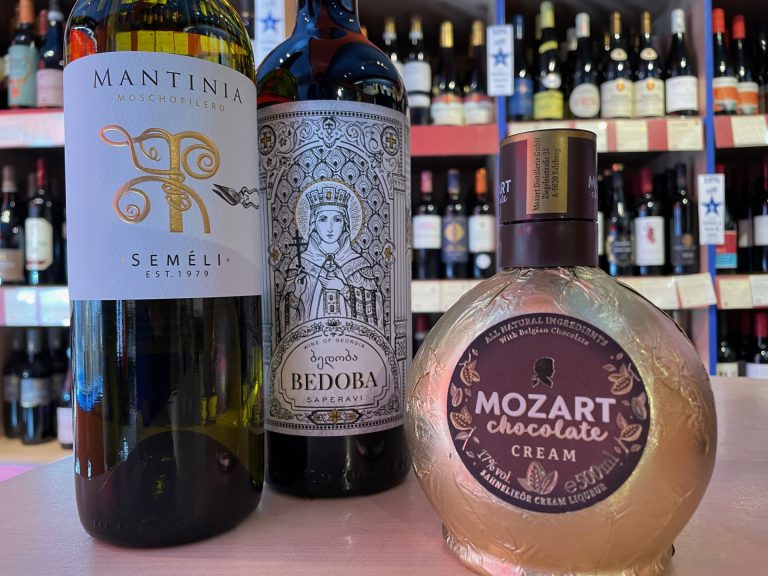 Photo shows Greek white wine, Semeli Mantinia, Georgian red wine, Bedoba and Mozart chocolate cream liqueur