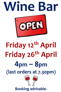 Image shows April wine bar dates: Friday 12th April and Friday 26th April 2024.