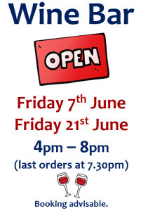 Poster shows June wine bar dates: Friday 7th June & Friday 21st June, 4pm-8pm.