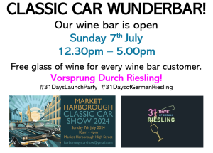 Image says Classic Car Wunderbar is on Sunday 7th July. Free glass of wine for every wine bar customer. #31DaysLaunchParty #31DaysofGermanRiesling
