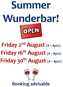 Poster shows Summer wine bar dates: Friday 2nd, 16th and 30th August.