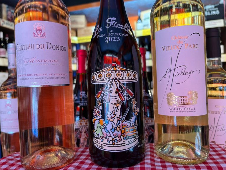 Image shows the 3 French wines on this Saturday's free tasting: Chateau du Donjon Rose, La Ficelle red wine and Chateau du Vieux Parc 'L'Heritage' white wine.
