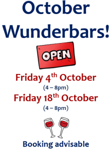 Poster shows October wine bar dates: Friday 4th October and Friday 18th October 2024