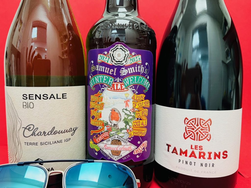 Image shows the 3 drinks on 26th October Free Saturday Tasting: Sensale Chardonnay, Sam Smith Winter Welcome Ale and Les Tamarins Pinot Noir.