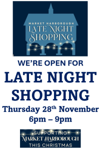 Poster says Duncan Murray Wines is open 6-9pm on Thursday 28th November for Harborough Late Night Shopping