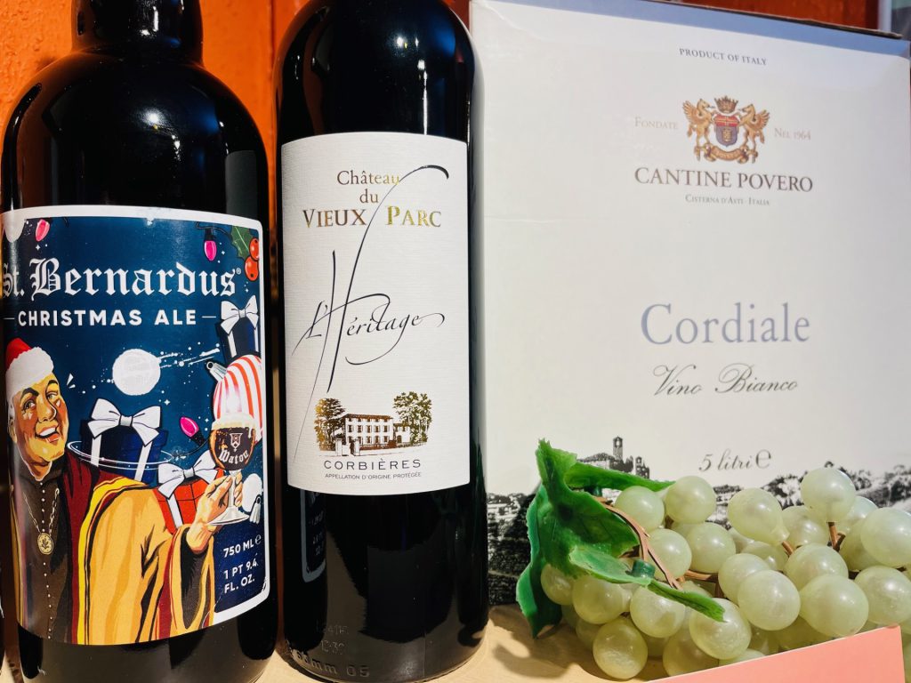 Image shows Free Saturday drinks: Cordiale while wine bag in Box, L'Heritage red wine and St Bernardus Christmas Ale