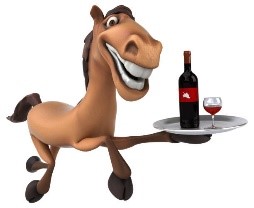 Image shows a horse carrying a tray with a bottle and glass of wine