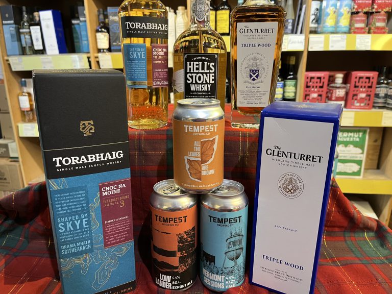 Image shows the 3 beers and 3 whiskies on tasting on Saturday 25th January.