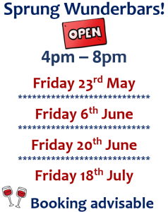 Poster shows May, June & July pop-up wine bar dates