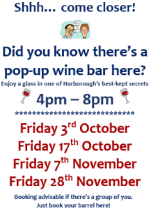 Image shows Autumn wine bar dates at Duncan Murray Wines: 3rd and 17th October and 7th and 28th November