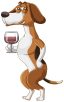 Image shows dog holding a wine glass.