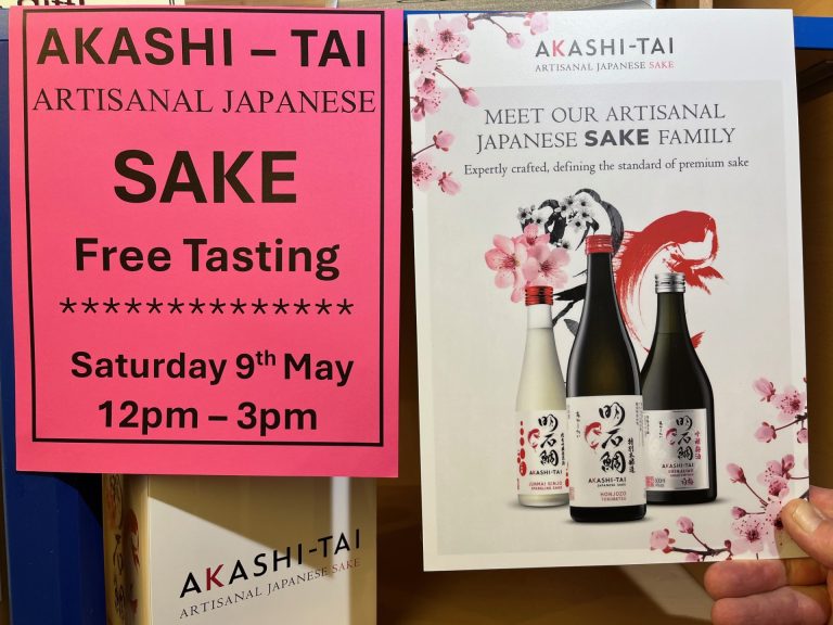 Image says there is an Akashi-Tai sake tasting on Saturday 9th May 2026,
